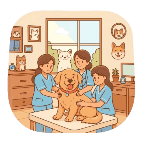 Ilustrasi hewan peliharaan senang di Klinik A-Qi Vet Care